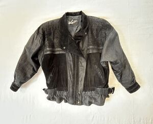 Vgt 1980's Winlet Black Suede/Leather Bomber Jacket Medium Embossing Braid Trim